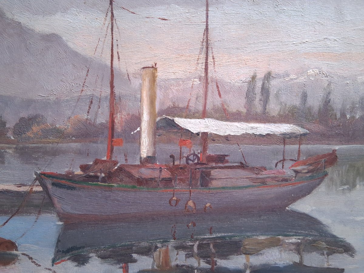 Oil On Panel Lakeside Landscape With Steamboat J. Preaux-photo-3