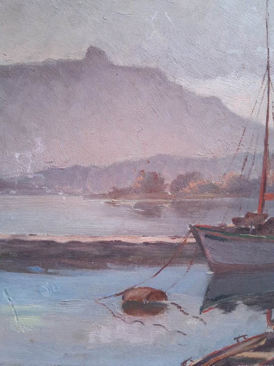 Oil On Panel Lakeside Landscape With Steamboat J. Preaux-photo-4