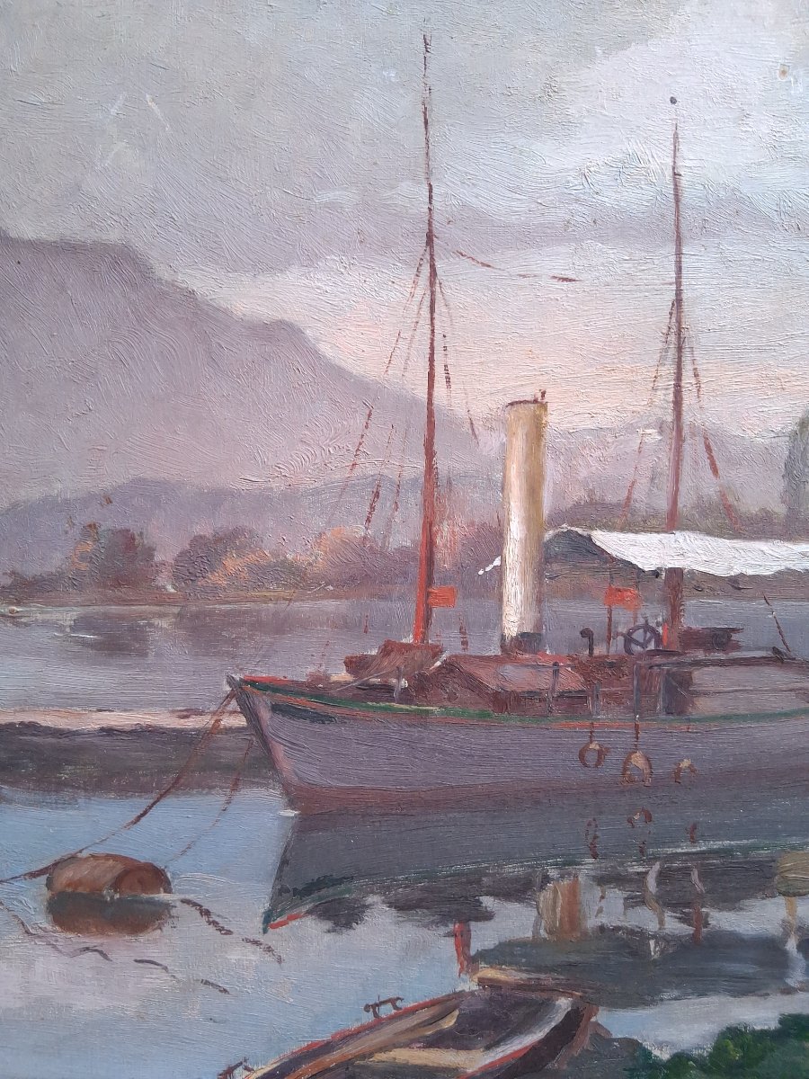 Oil On Panel Lakeside Landscape With Steamboat J. Preaux-photo-1