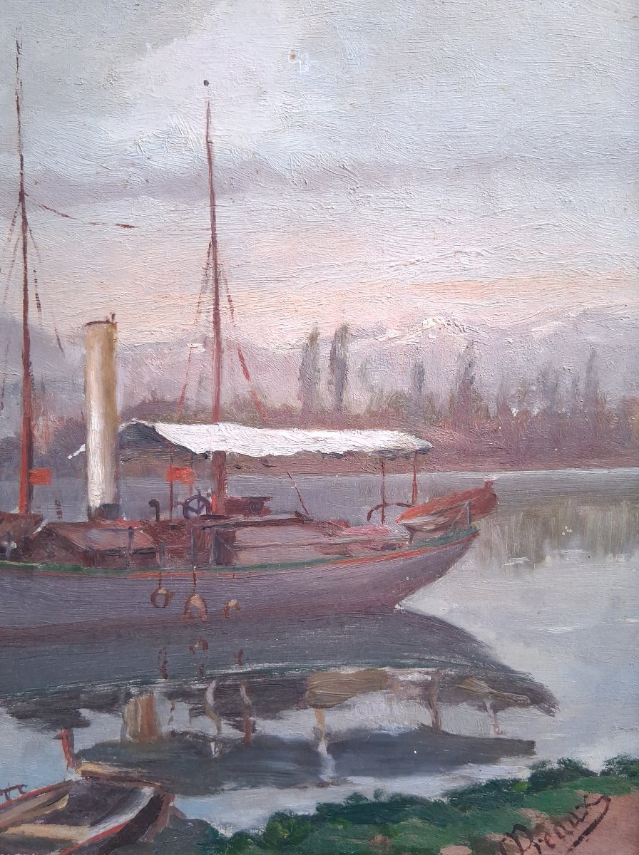 Oil On Panel Lakeside Landscape With Steamboat J. Preaux-photo-2