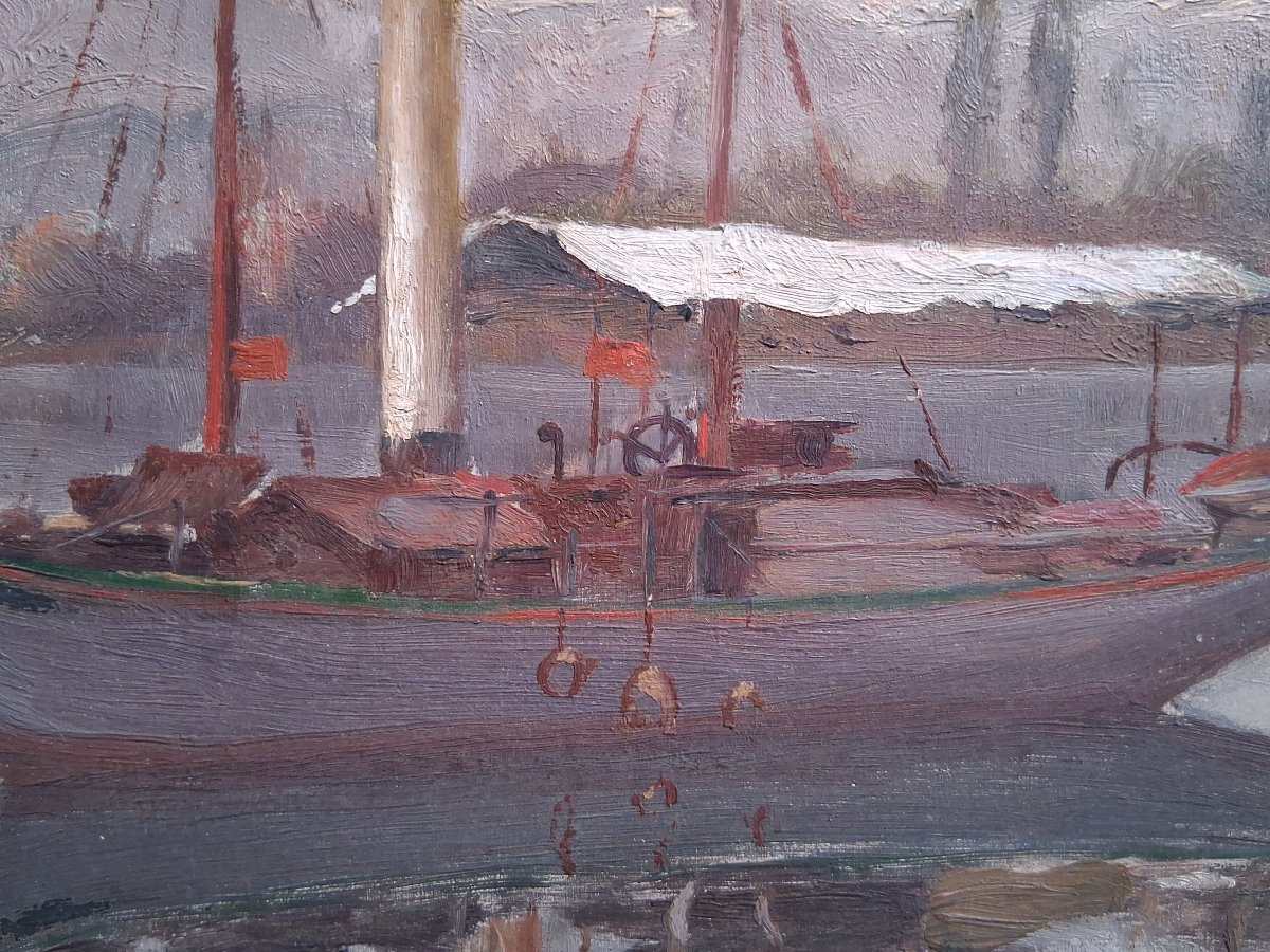 Oil On Panel Lakeside Landscape With Steamboat J. Preaux-photo-3