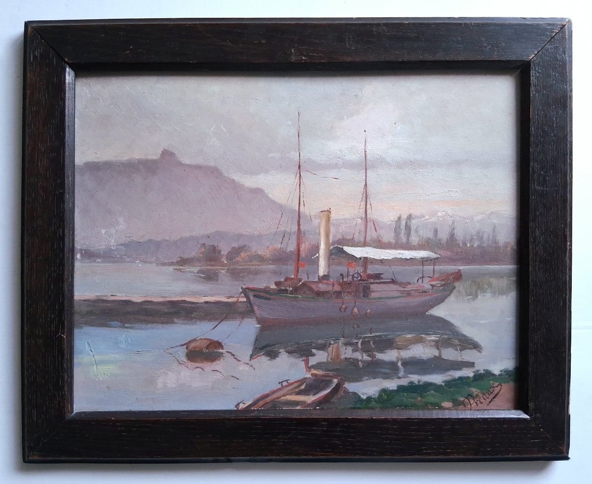 Oil On Panel Lakeside Landscape With Steamboat J. Preaux
