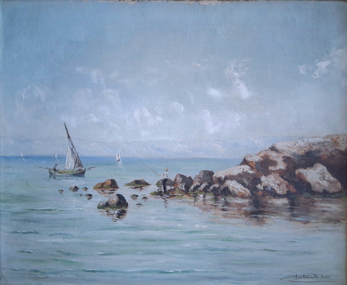 Louis DELLAVALLE huile sur toile marine paysage côtier pêcheurs fin 19ème-photo-2