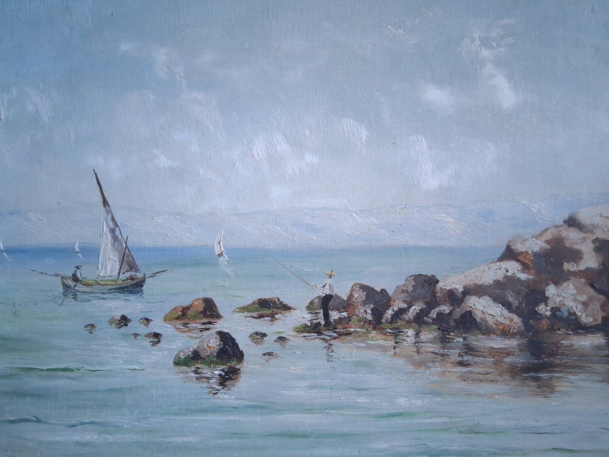 Louis DELLAVALLE huile sur toile marine paysage côtier pêcheurs fin 19ème-photo-3
