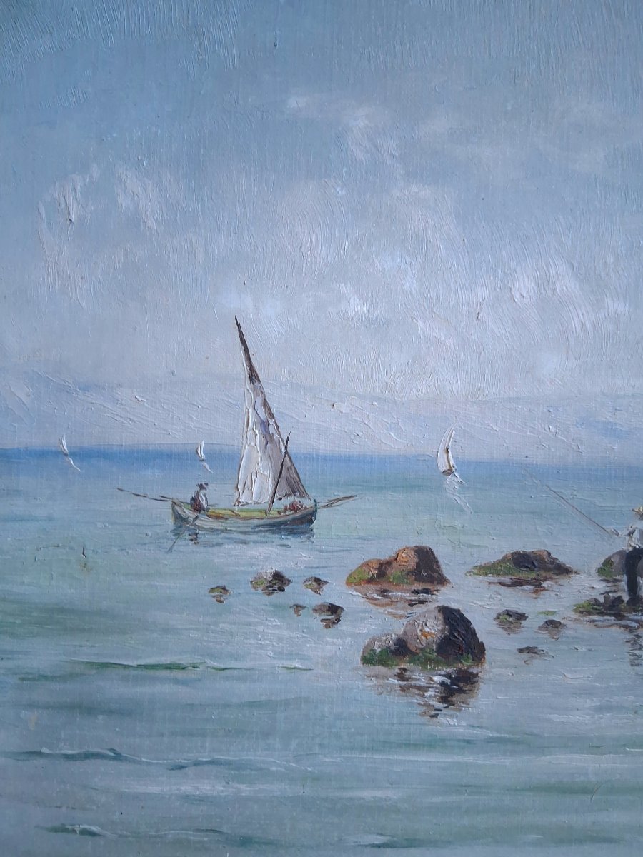 Louis DELLAVALLE huile sur toile marine paysage côtier pêcheurs fin 19ème-photo-4