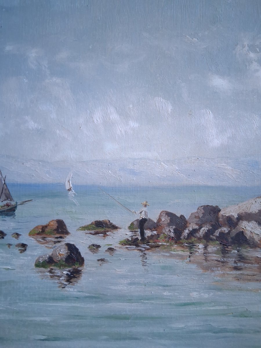 Louis DELLAVALLE huile sur toile marine paysage côtier pêcheurs fin 19ème-photo-1