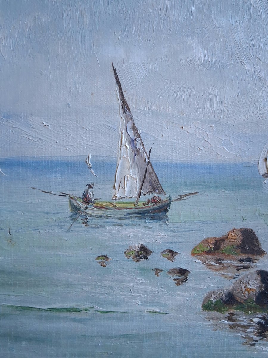 Louis DELLAVALLE huile sur toile marine paysage côtier pêcheurs fin 19ème-photo-3