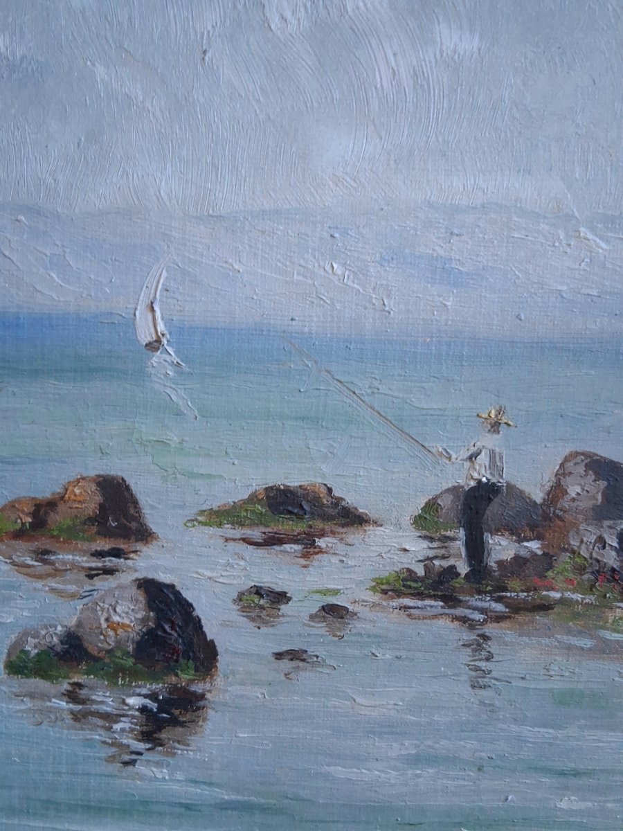 Louis DELLAVALLE huile sur toile marine paysage côtier pêcheurs fin 19ème-photo-4