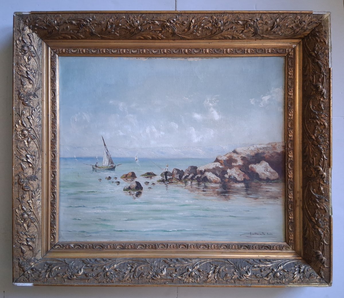 Louis DELLAVALLE huile sur toile marine paysage côtier pêcheurs fin 19ème