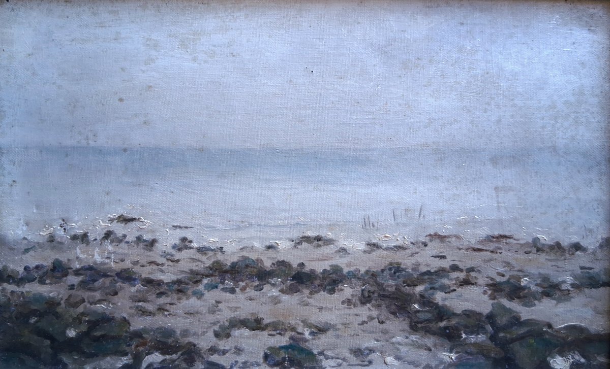Paysage côtier à marée basse marine huile sur toile fin 19ème (signé)-photo-2