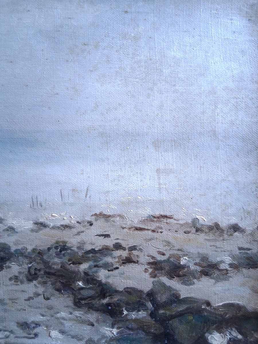 Paysage côtier à marée basse marine huile sur toile fin 19ème (signé)-photo-1