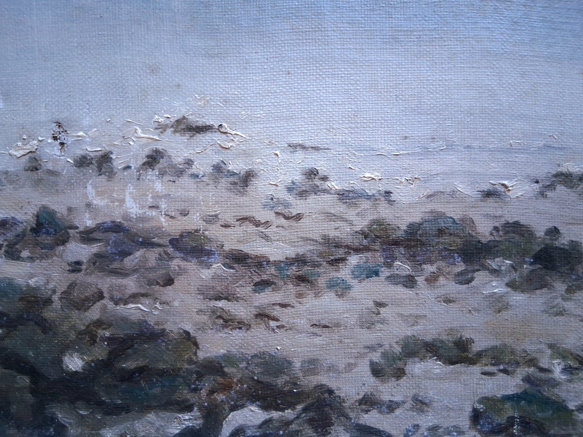 Paysage côtier à marée basse marine huile sur toile fin 19ème (signé)-photo-2