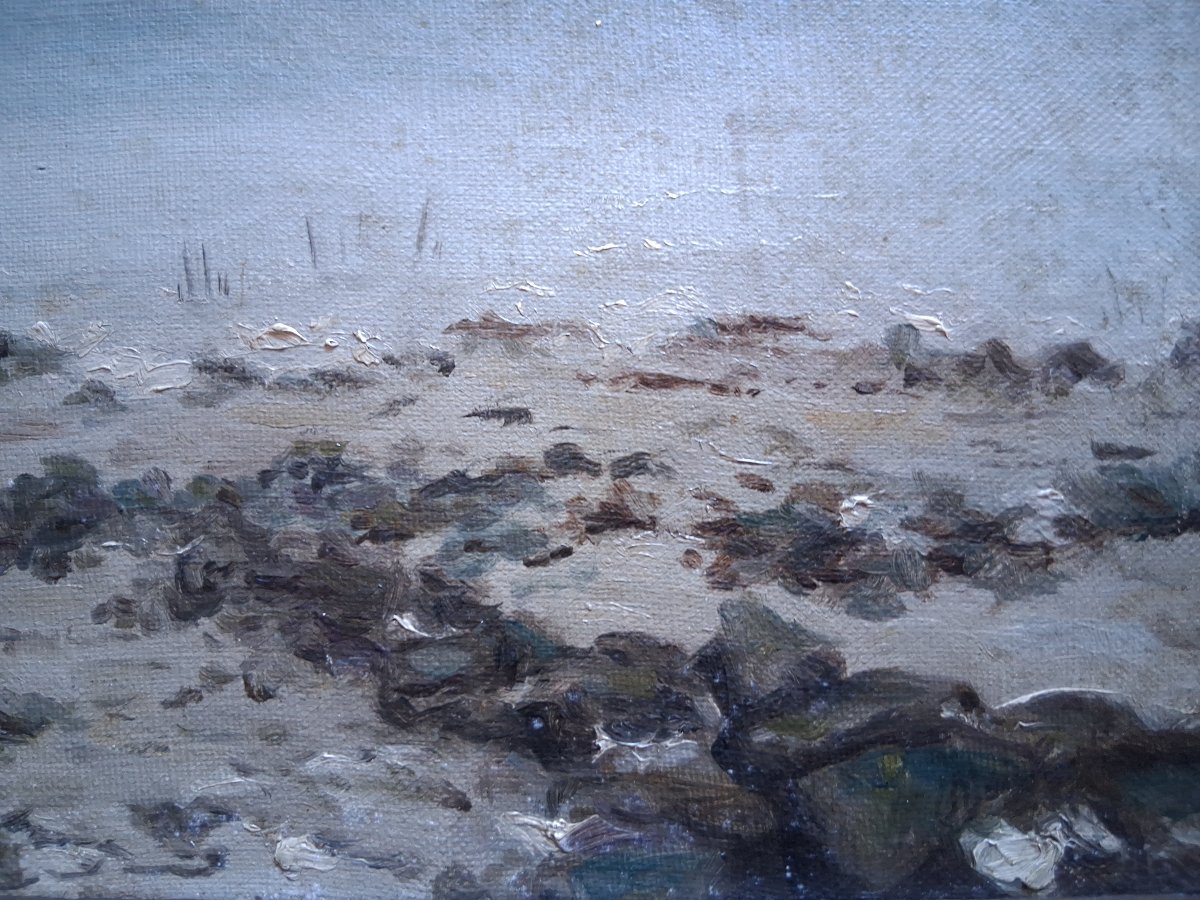Paysage côtier à marée basse marine huile sur toile fin 19ème (signé)-photo-3