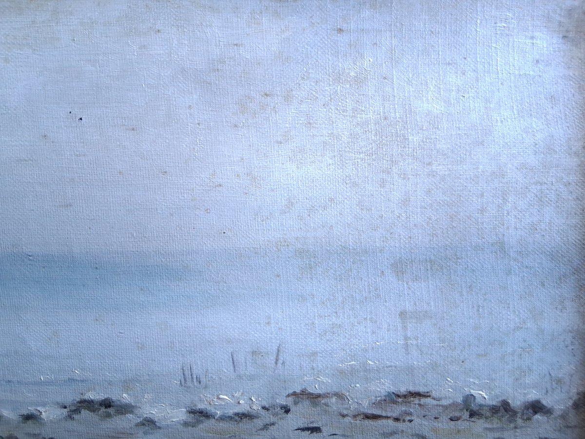 Paysage côtier à marée basse marine huile sur toile fin 19ème (signé)-photo-5