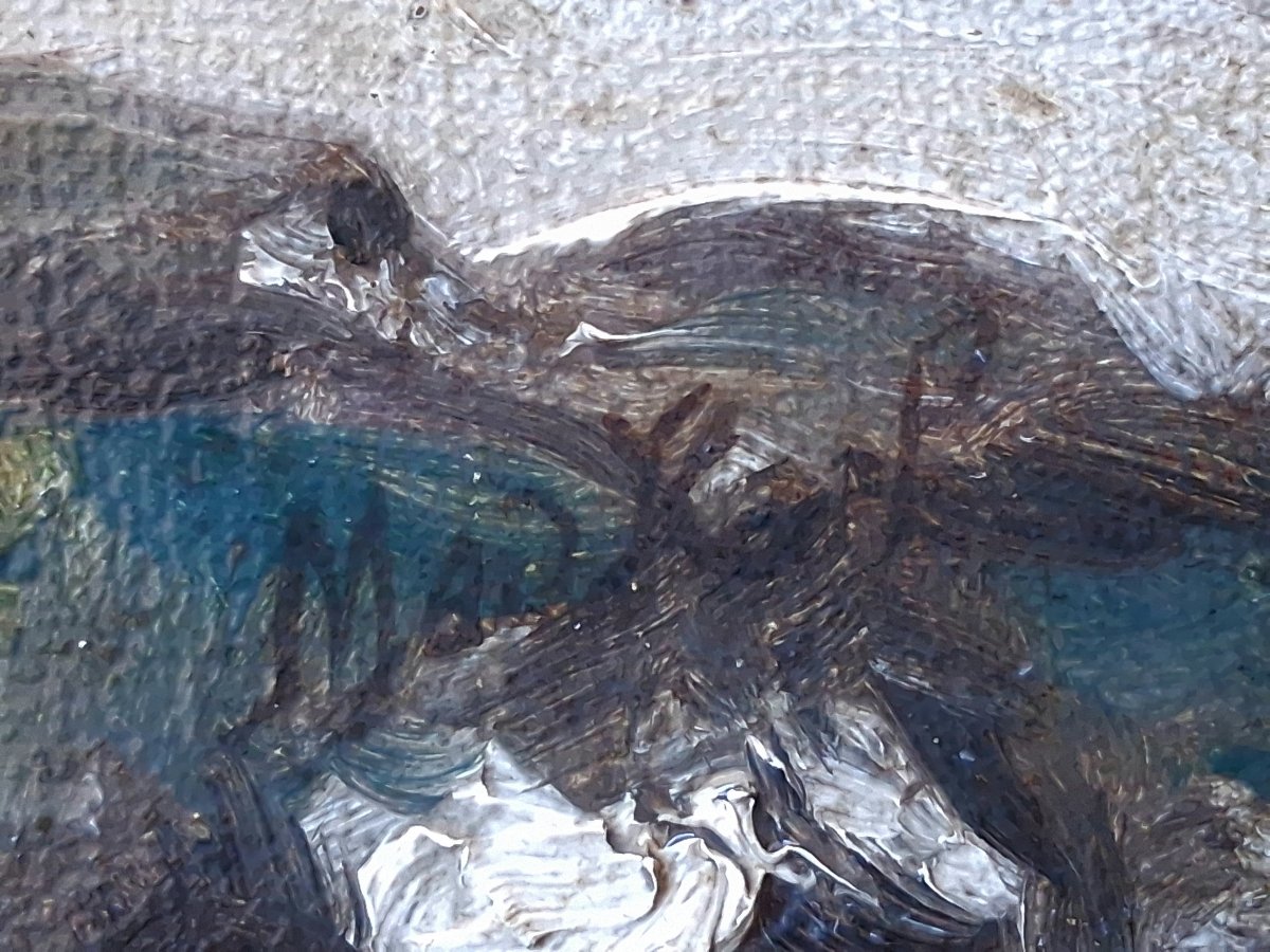 Paysage côtier à marée basse marine huile sur toile fin 19ème (signé)-photo-6