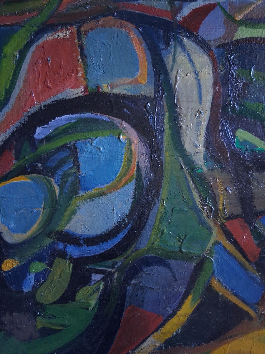 Tableau huile sur toile composition abstraite milieu XXème-photo-2