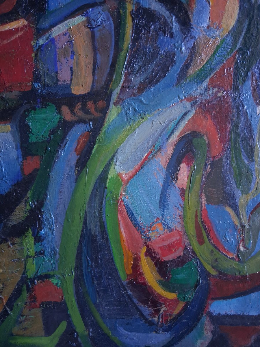 Tableau huile sur toile composition abstraite milieu XXème-photo-4