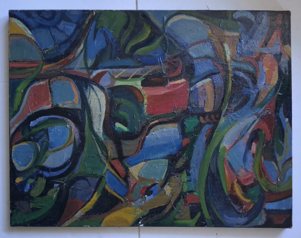 Tableau huile sur toile composition abstraite milieu XXème