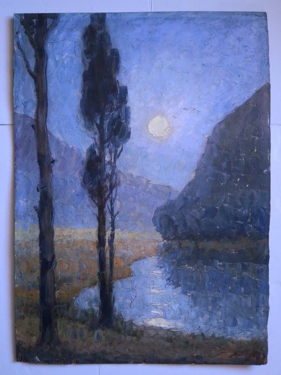 Dieudonné Jacobs (1887–1967) Oil On Panel Lakeside Landscape At Dusk Post-impressionism