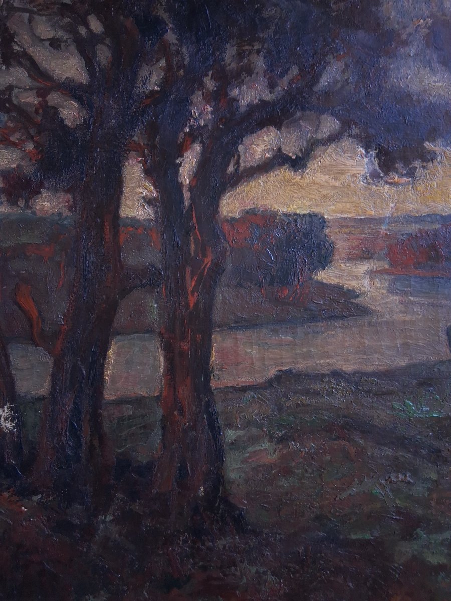River Landscape At Twilight Oil On Canvas Post-impressionism-photo-2