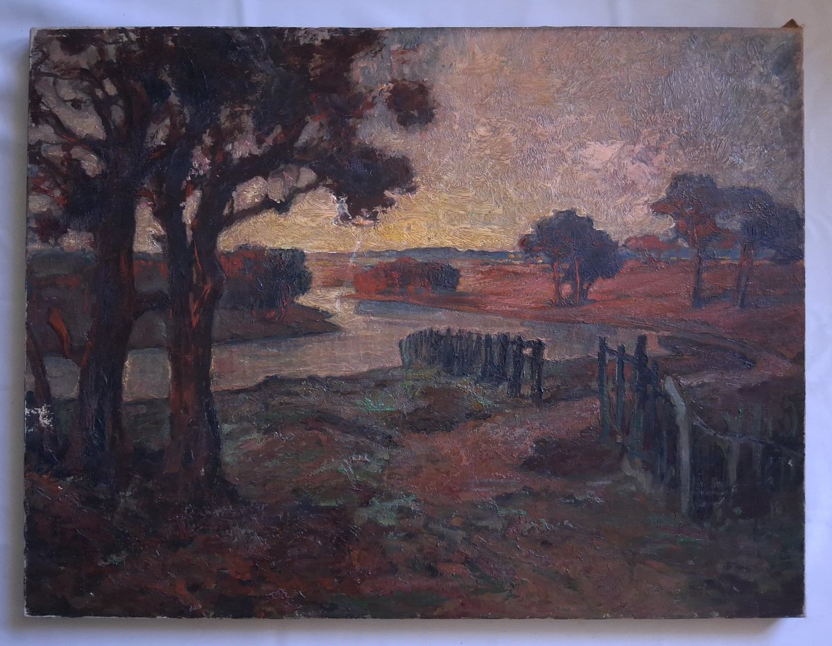 River Landscape At Twilight Oil On Canvas Post-impressionism