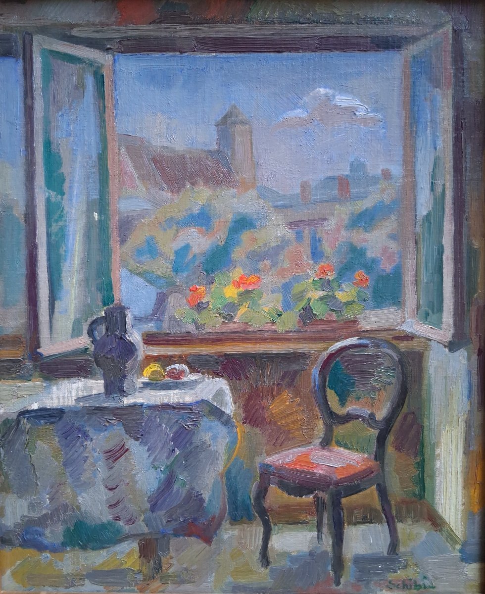 Joseph Lucien Schibi (1908–1980) Oil On Panel Interior Scene With An Open Window-photo-2