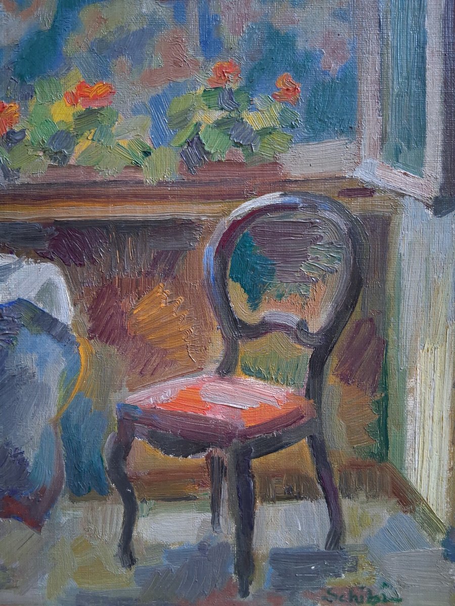Joseph Lucien Schibi (1908–1980) Oil On Panel Interior Scene With An Open Window-photo-4