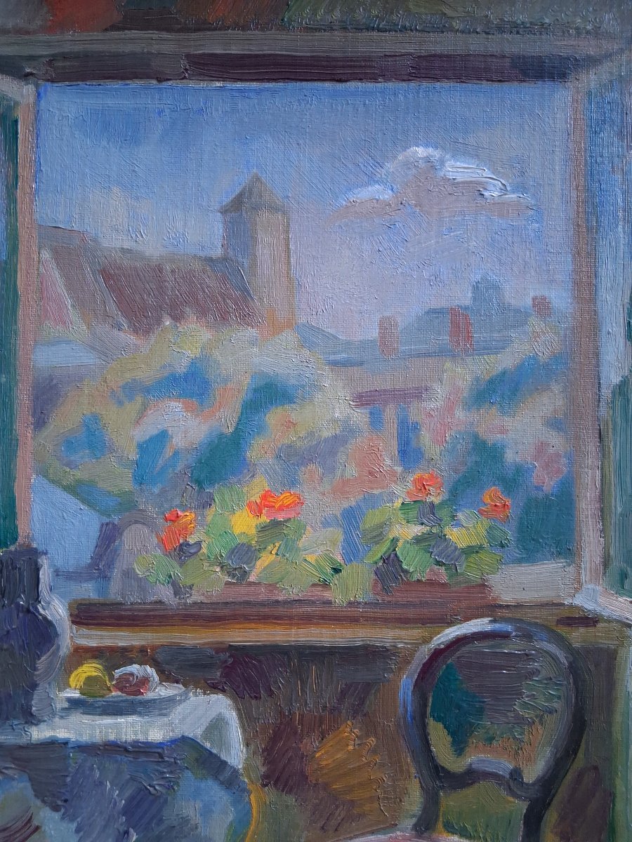 Joseph Lucien Schibi (1908–1980) Oil On Panel Interior Scene With An Open Window-photo-1