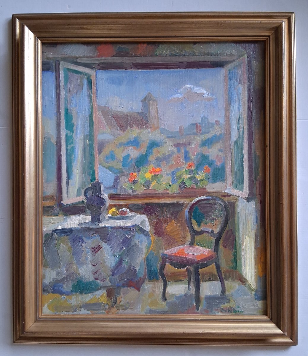 Joseph Lucien Schibi (1908–1980) Oil On Panel Interior Scene With An Open Window