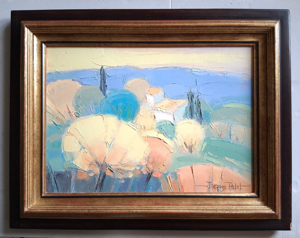 Jacques PETIT (1925-2019) huile sur toile paysage provençal "Mas dans le Luberon"