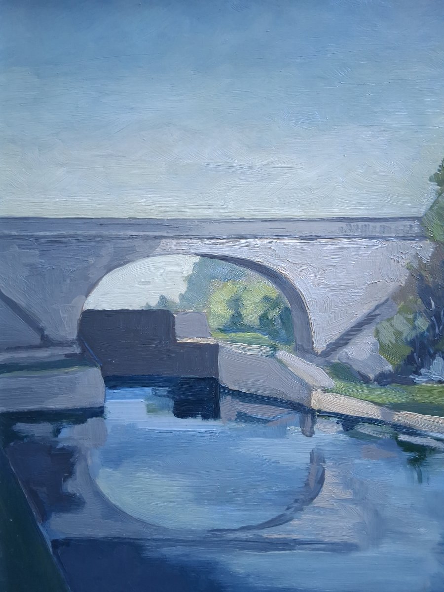 Oil On Panel Riverbank Landscape With A Bridge Gailloud 1970-photo-3