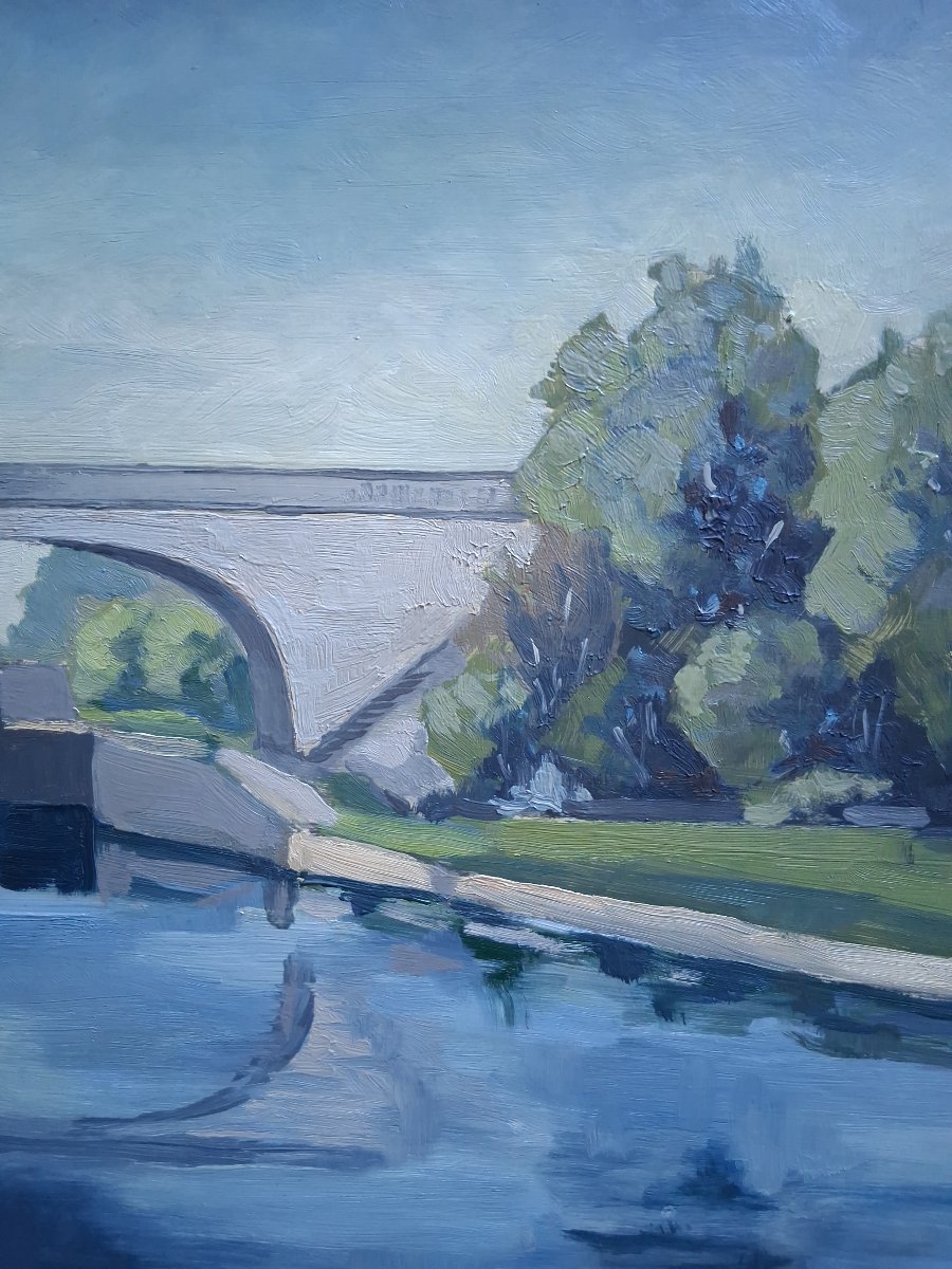 Oil On Panel Riverbank Landscape With A Bridge Gailloud 1970-photo-4