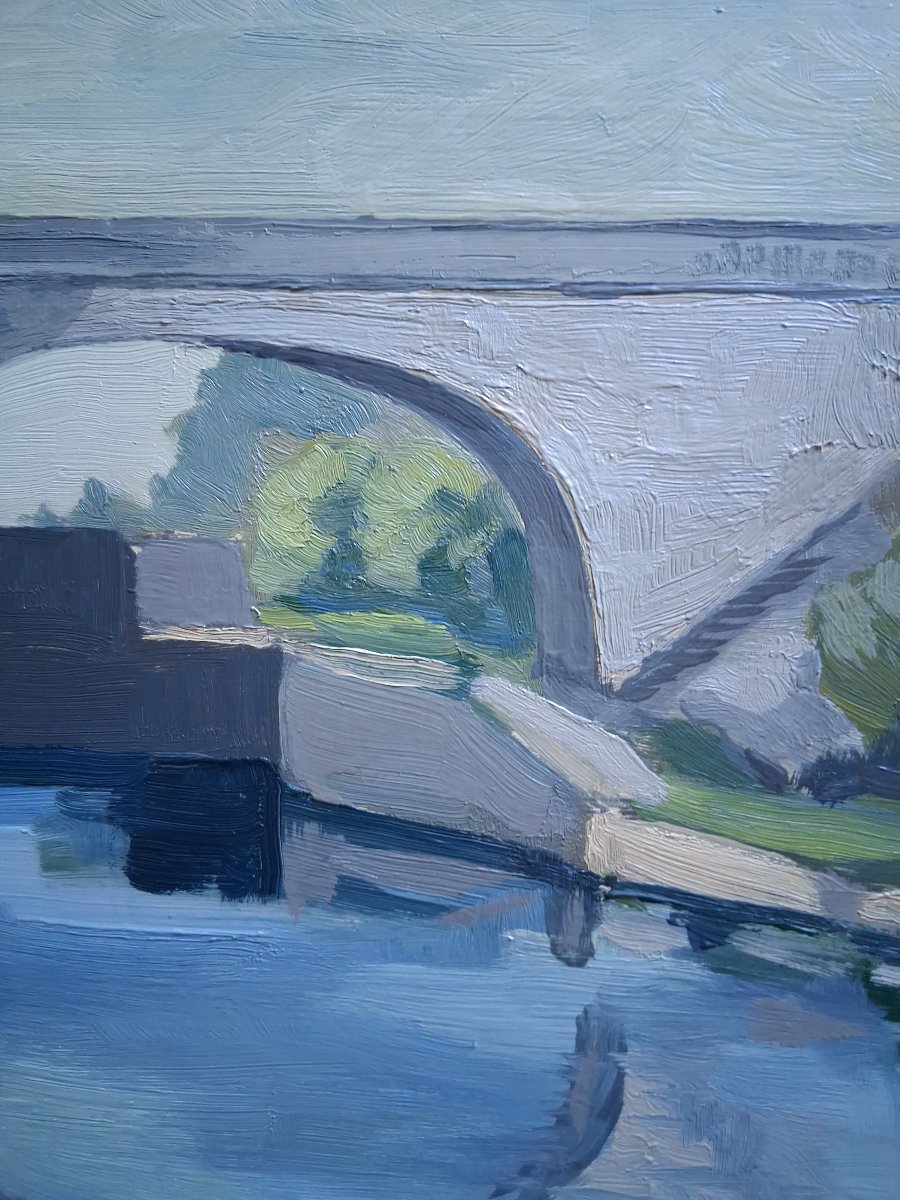 Oil On Panel Riverbank Landscape With A Bridge Gailloud 1970-photo-3