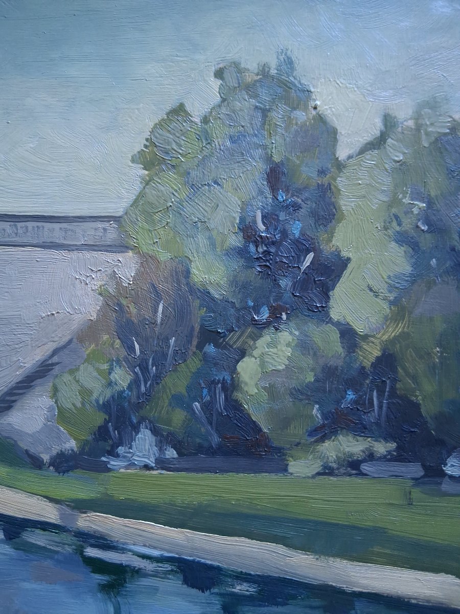 Oil On Panel Riverbank Landscape With A Bridge Gailloud 1970-photo-4
