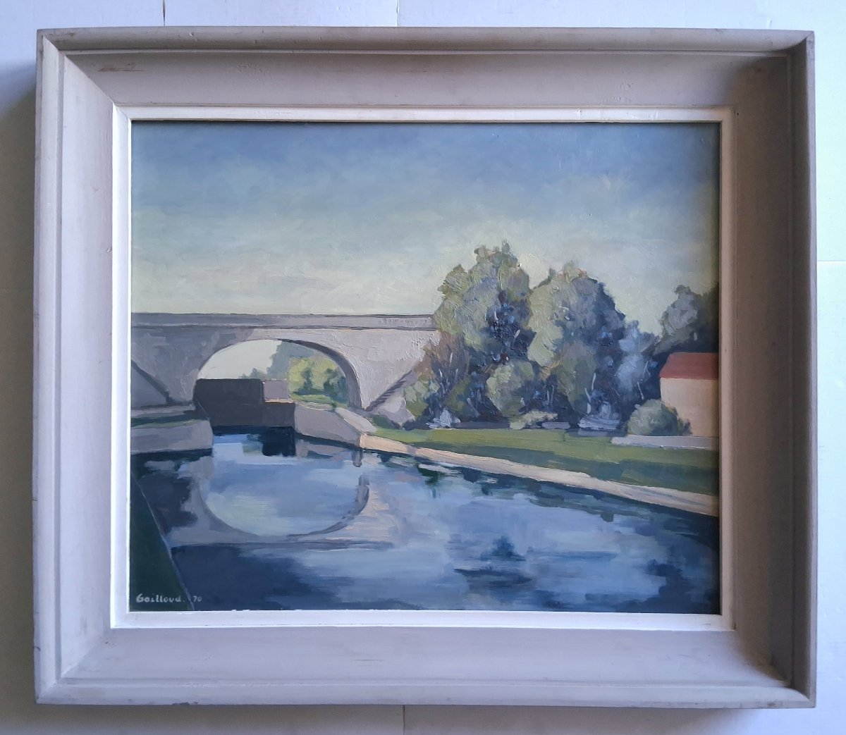 Oil On Panel Riverbank Landscape With A Bridge Gailloud 1970