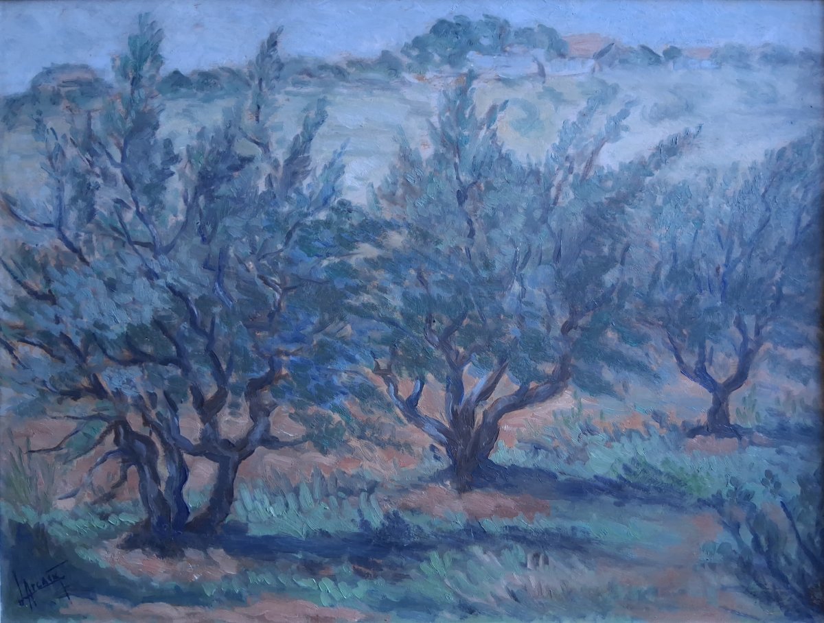 Louis Arcaix Oil On Wood Provençal Landscape "olive Trees In Provence" 1959-photo-2