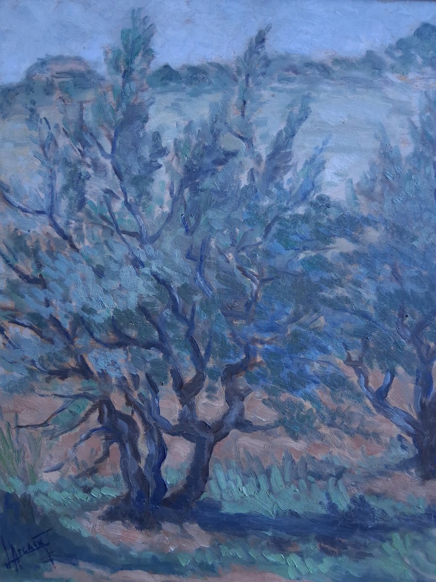 Louis Arcaix Oil On Wood Provençal Landscape "olive Trees In Provence" 1959-photo-3