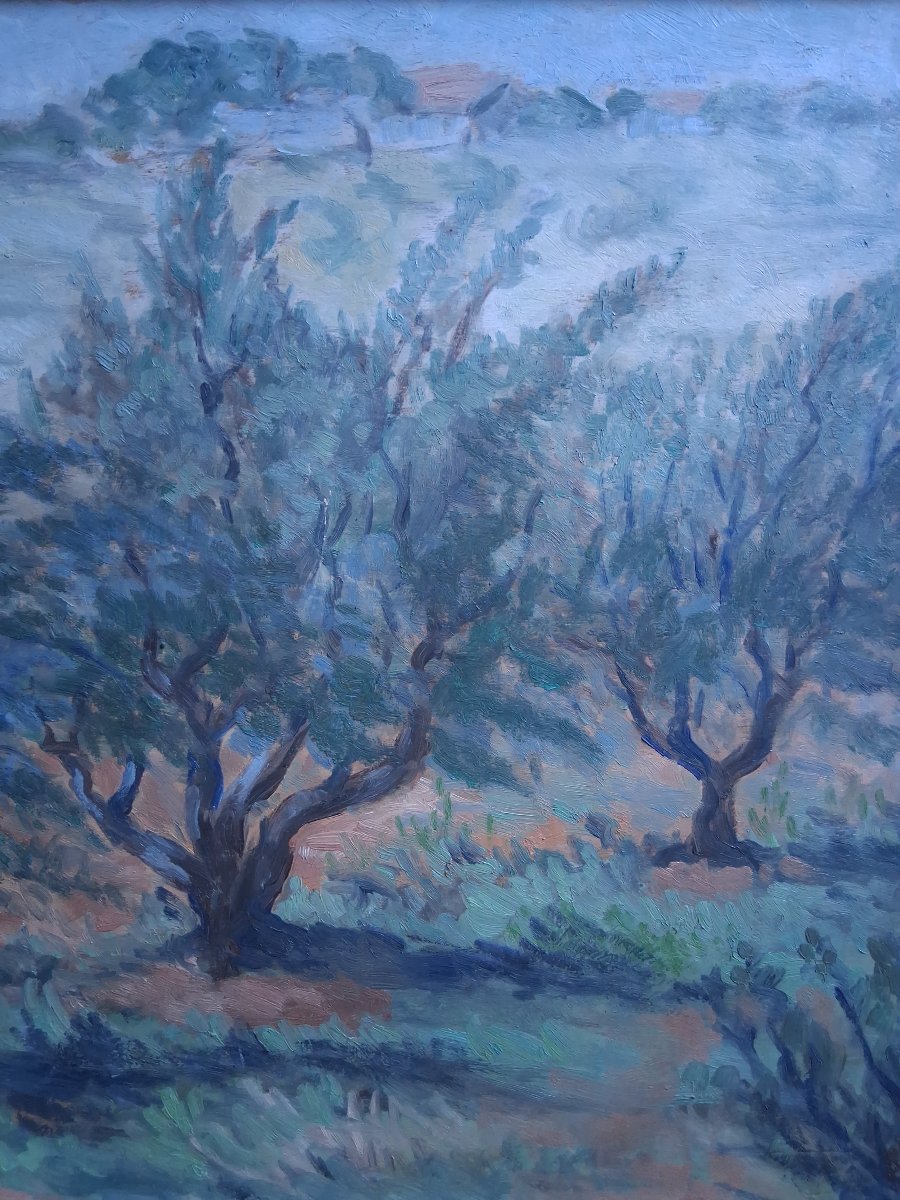 Louis Arcaix Oil On Wood Provençal Landscape "olive Trees In Provence" 1959-photo-1