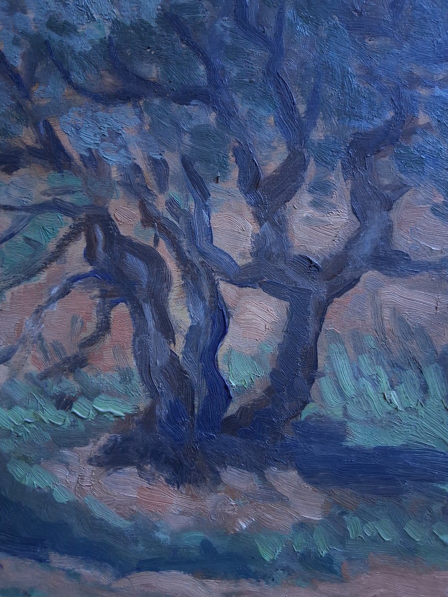 Louis Arcaix Oil On Wood Provençal Landscape "olive Trees In Provence" 1959-photo-2
