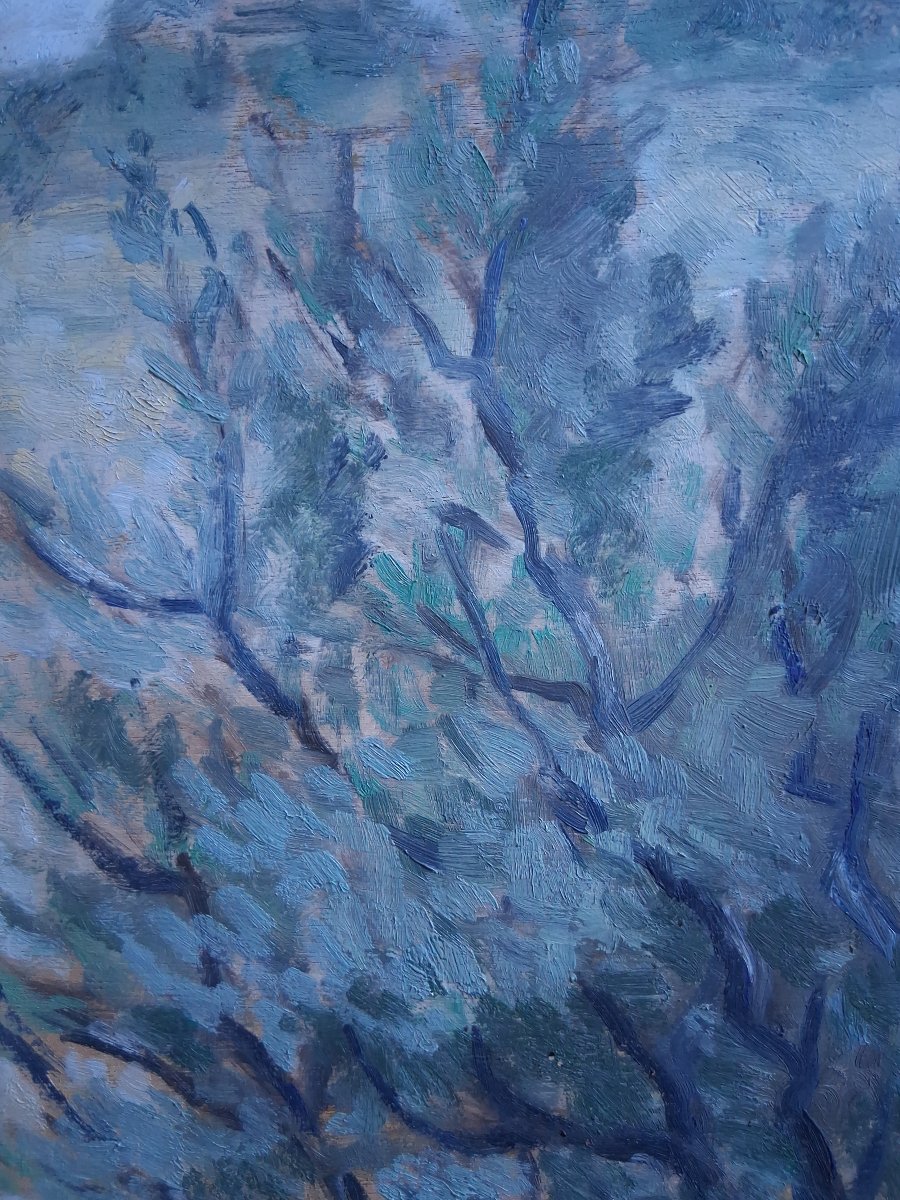 Louis Arcaix Oil On Wood Provençal Landscape "olive Trees In Provence" 1959-photo-3