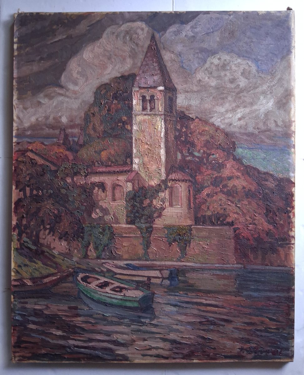 Léon Louis PERROT (1892-1971) L'Ile Barbe Lyon huile sur toile Ecole lyonnaise-photo-2