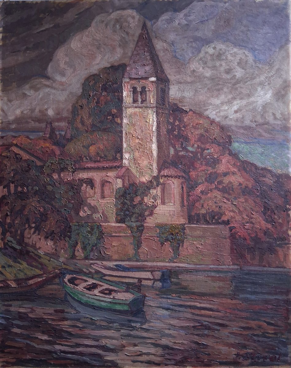 Léon Louis PERROT (1892-1971) L'Ile Barbe Lyon huile sur toile Ecole lyonnaise