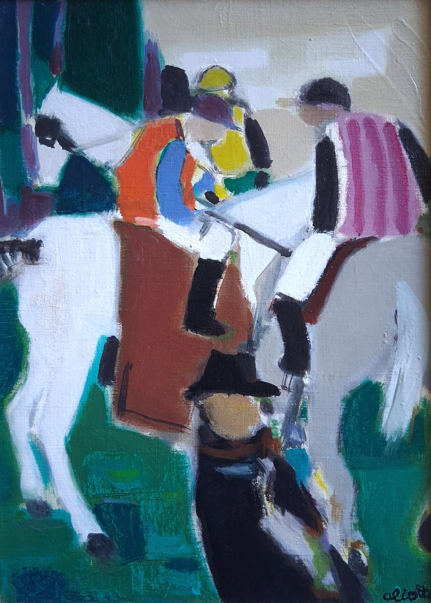 Claude Aliotti (1925-1989) Oil On Canvas Horse Racing Horses Jockeys-photo-2