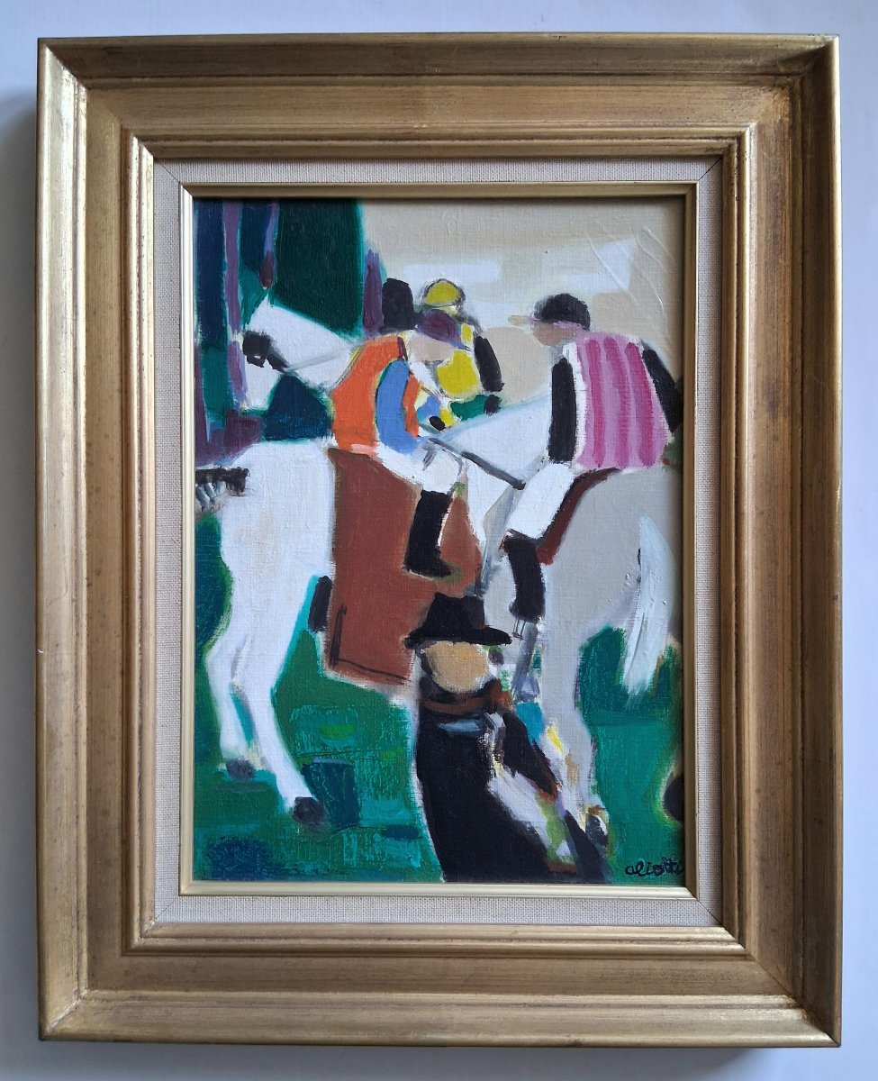 Claude Aliotti (1925-1989) Oil On Canvas Horse Racing Horses Jockeys