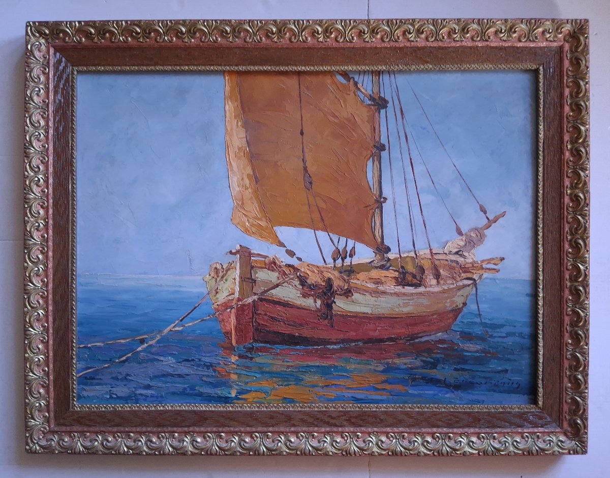 Guy LE FLORENTIN (1907-1978) huile sur panneau marine bateau de pêche voilier-photo-2