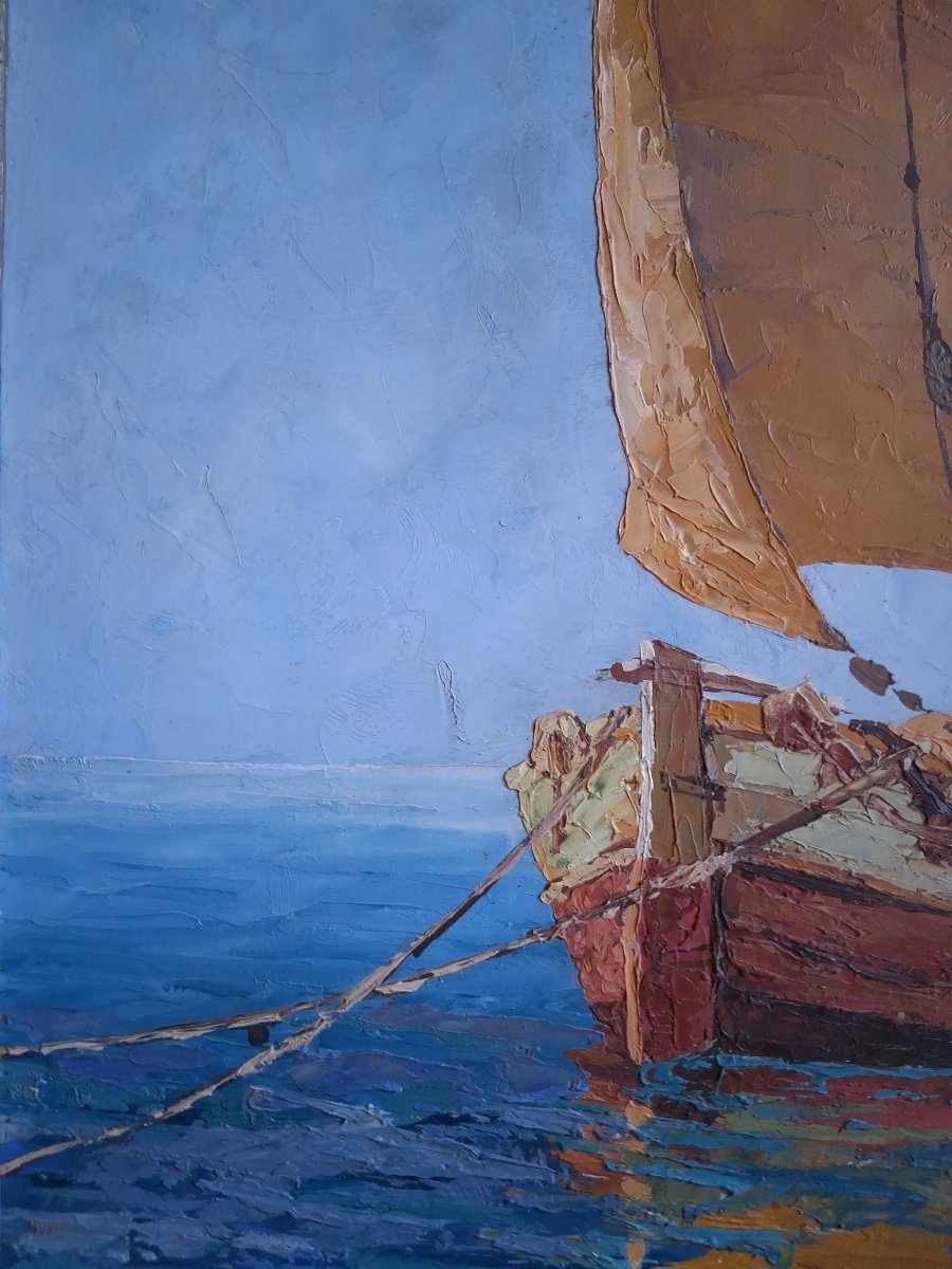 Guy LE FLORENTIN (1907-1978) huile sur panneau marine bateau de pêche voilier-photo-3