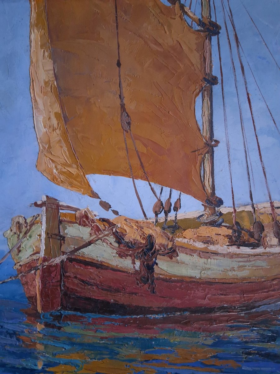 Guy LE FLORENTIN (1907-1978) huile sur panneau marine bateau de pêche voilier-photo-4