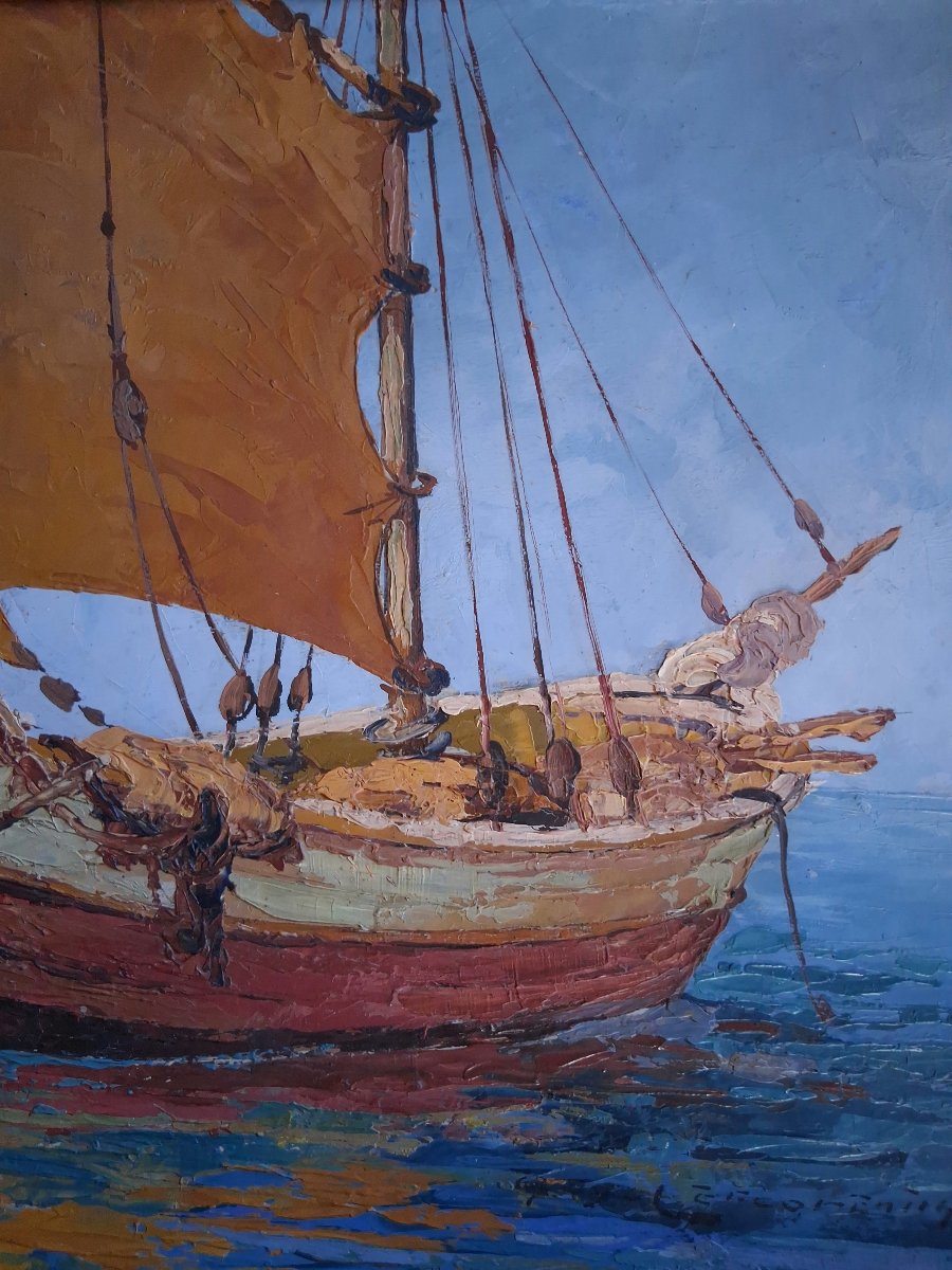 Guy LE FLORENTIN (1907-1978) huile sur panneau marine bateau de pêche voilier-photo-1