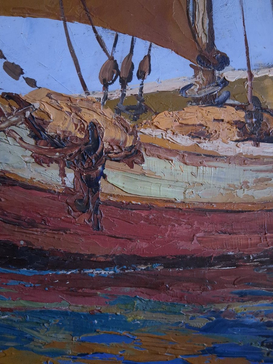 Guy LE FLORENTIN (1907-1978) huile sur panneau marine bateau de pêche voilier-photo-3