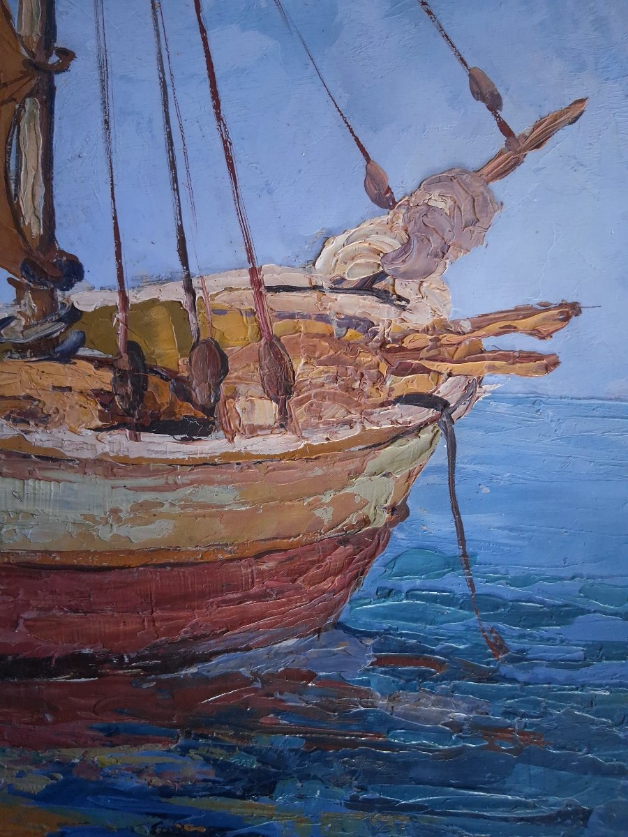 Guy LE FLORENTIN (1907-1978) huile sur panneau marine bateau de pêche voilier-photo-4